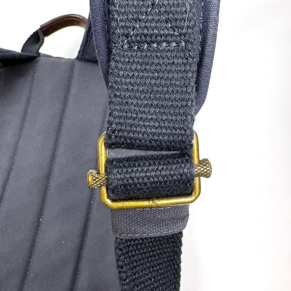 Lands End Waxed Canvas Backpack Navy Blue Leather Straps Padded Outdoors Daypack